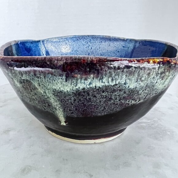 Artisan Signed Studio Pottery Bowl Altered Wheel Thrown Multicolor Drip Glaze A - Picture 3 of 11